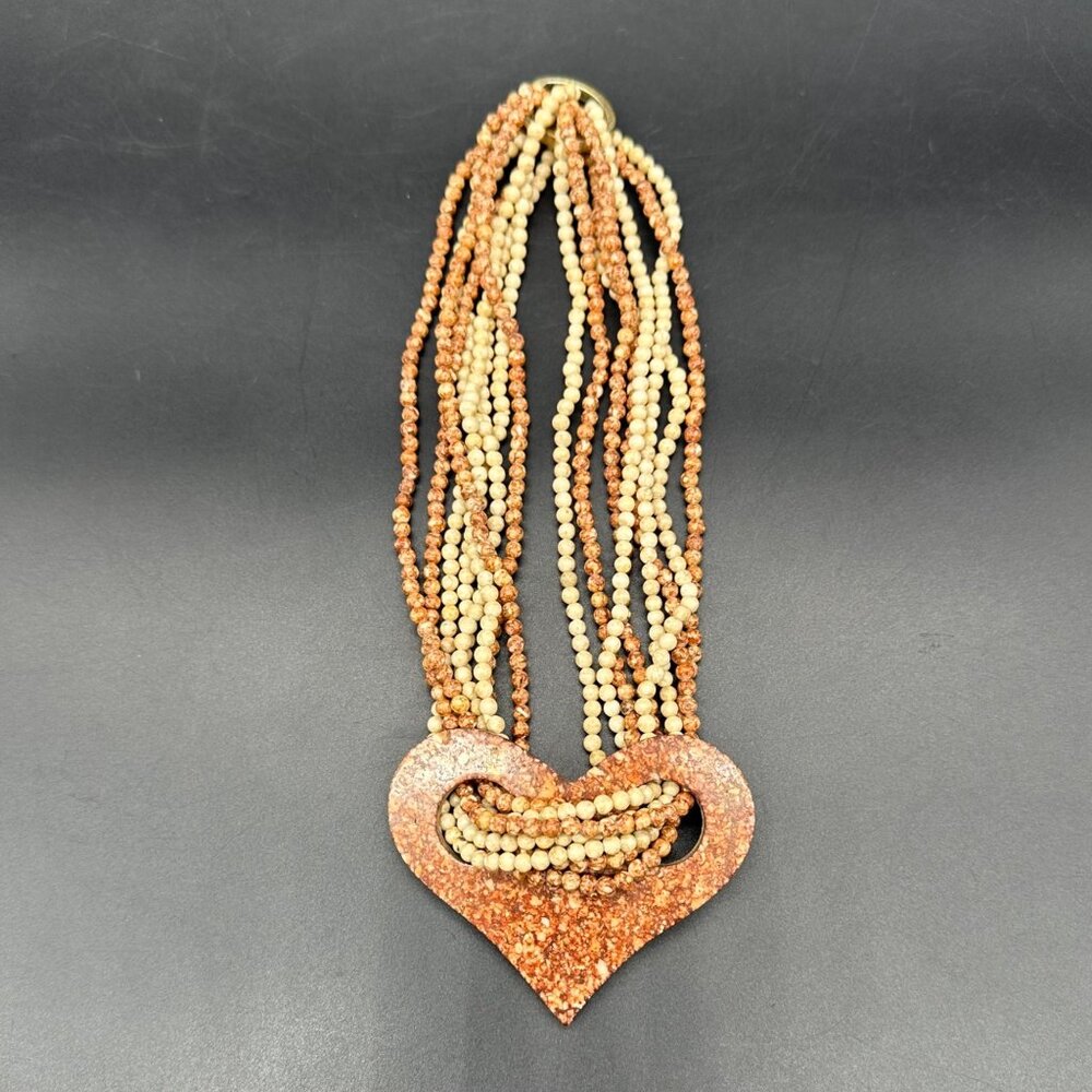 Vintage Stone Beaded Choker Necklace Heart Pendant Natural Earth Tone Southwest - Picture 3 of 9